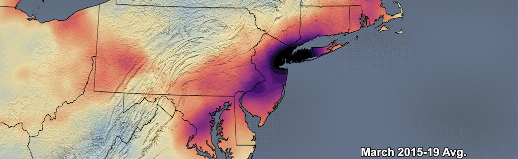 An animated GIF showing average atmospheric nitrogen dioxide in 2015 and 2020 over the mid-Atlantic states. Dark purple and red indicate high levels of nitrogen dioxide, or NO2, and pale blue and yellow indicate lower levels. The illustration shows how average NO2 levels dropped during the COVID-19 pandemic in 2020. In 2015, dark purple and red covers much of the map, concentrated along the coastal city areas of New York City and Washington, D.C. As the animation fades to show 2020 levels, the dark colors fade markedly to smaller areas along the coast and over western Pennsylvania.