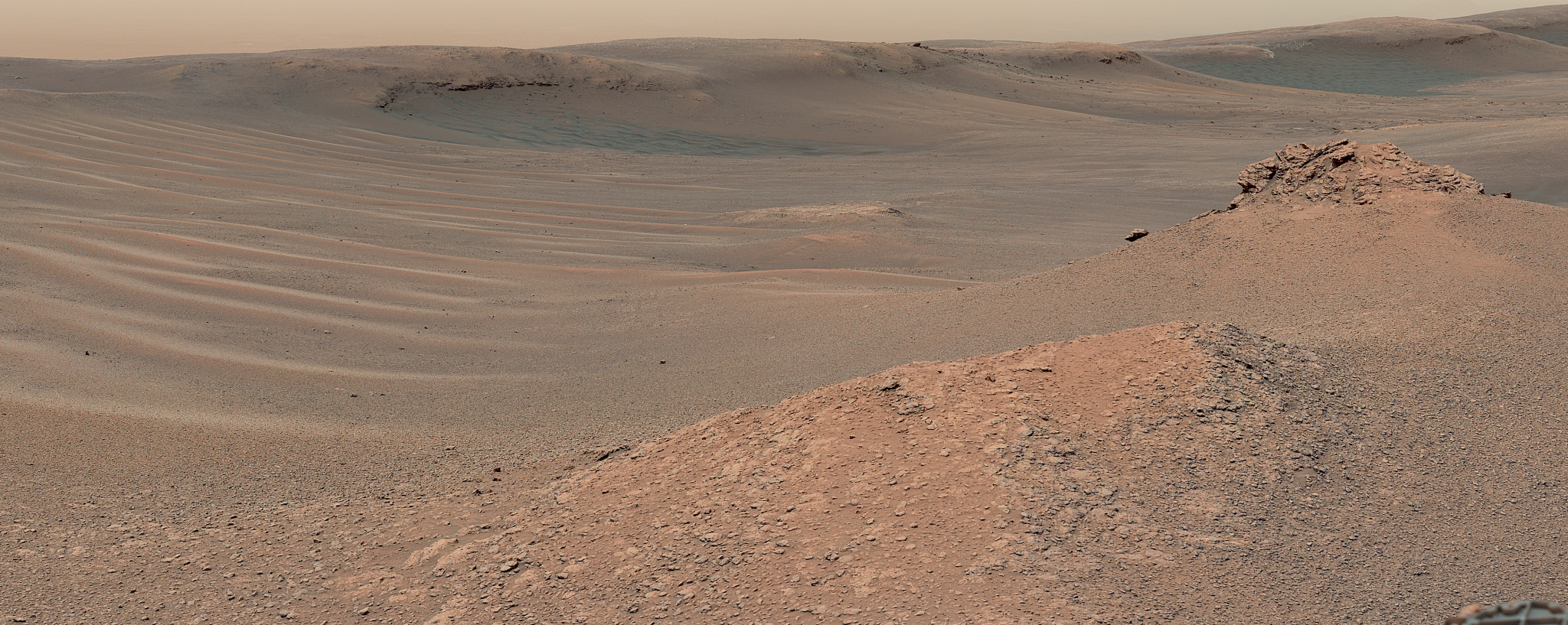 Martian landscape with a rocky landmark nicknamed u0022Knockfarril Hillu0022 (center right) and the edge of Vera Rubin Ridge.