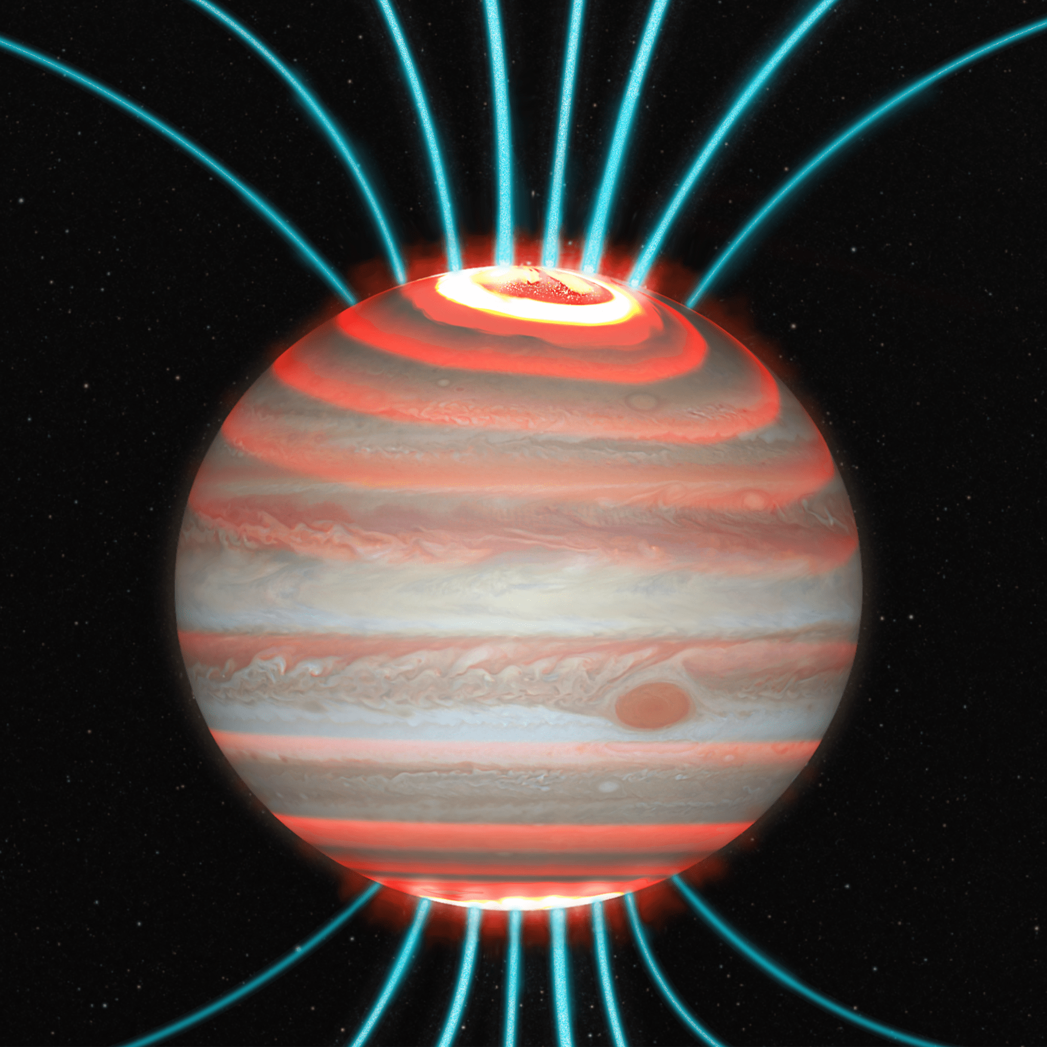 Conceptual image of auroral heating and magnetic field at Jupiter