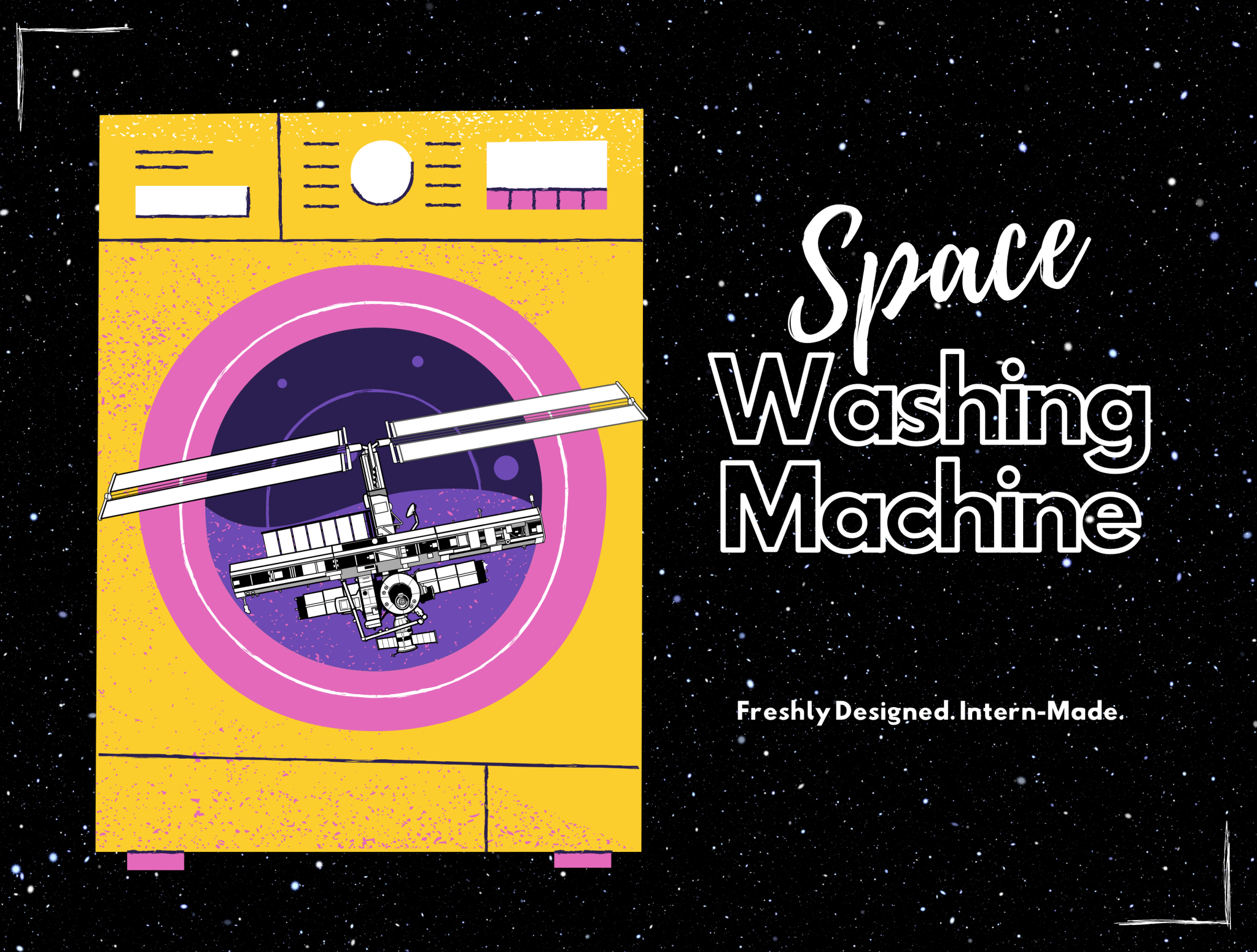 An illustration of the space station inside a washing machine, on a cosmic background, with the text “space washing machine.”