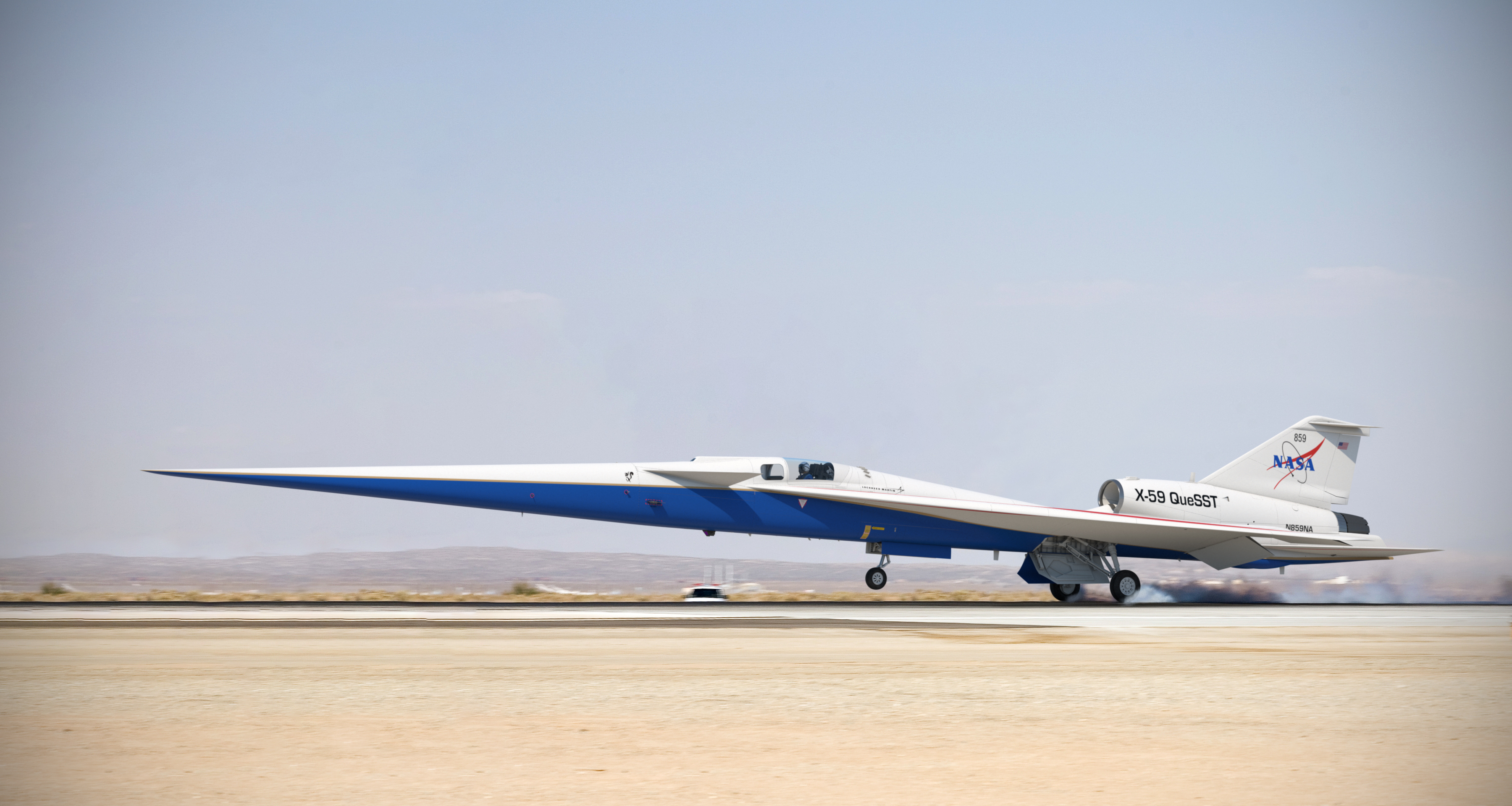 Illustration of the completed X-59 Quiet Supersonic Technology (QueSST) landing on a runway.