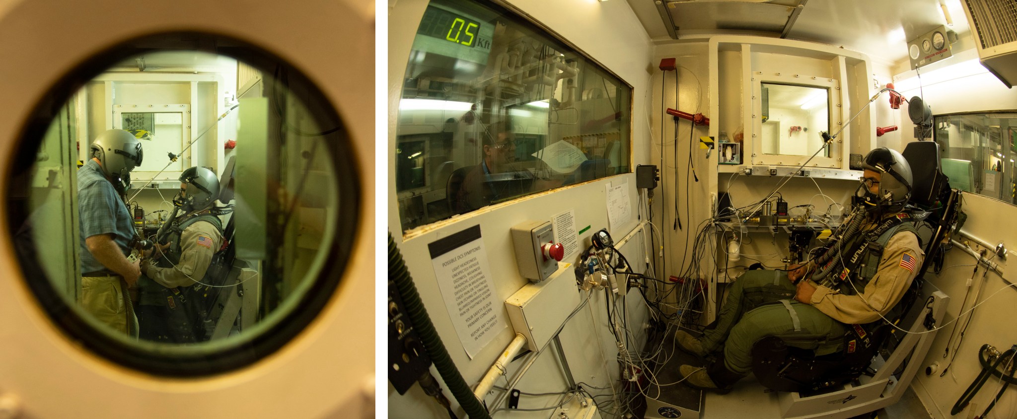 Two images showing a KBR employee and a military test volunteer prepare for an altitude chamber flight.