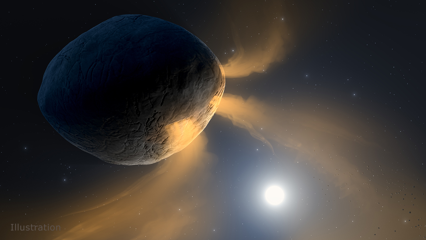 An illustration shows a large, gray, oval-shaped asteroid on the left with three large orange plumes of gas erupting from its surface on the right side of the asteroid. The Sun appears in the distance in the lower right.