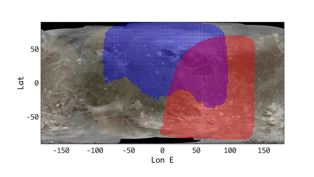 This annotated map of Ganymede depicts the areas of the Jovian moon’s surface that were imaged by the Juno spacecraft’s JIRAM instrument during two recent close approaches of the moon.