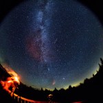 In this 30 second exposure taken with a circular fish-eye lens, a meteor streaks across the sky during the annual Perseid meteor shower on Friday, Aug. 12, 2016 in Spruce Knob, West Virginia. Photo Credit: (NASA/Bill Ingalls)