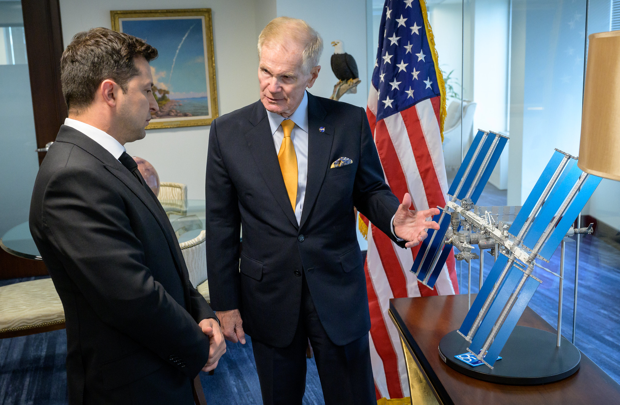 NASA Administrator Bill Nelson, right, discusses the International Space Station with Ukrainian President Volodymyr Zelenskyy