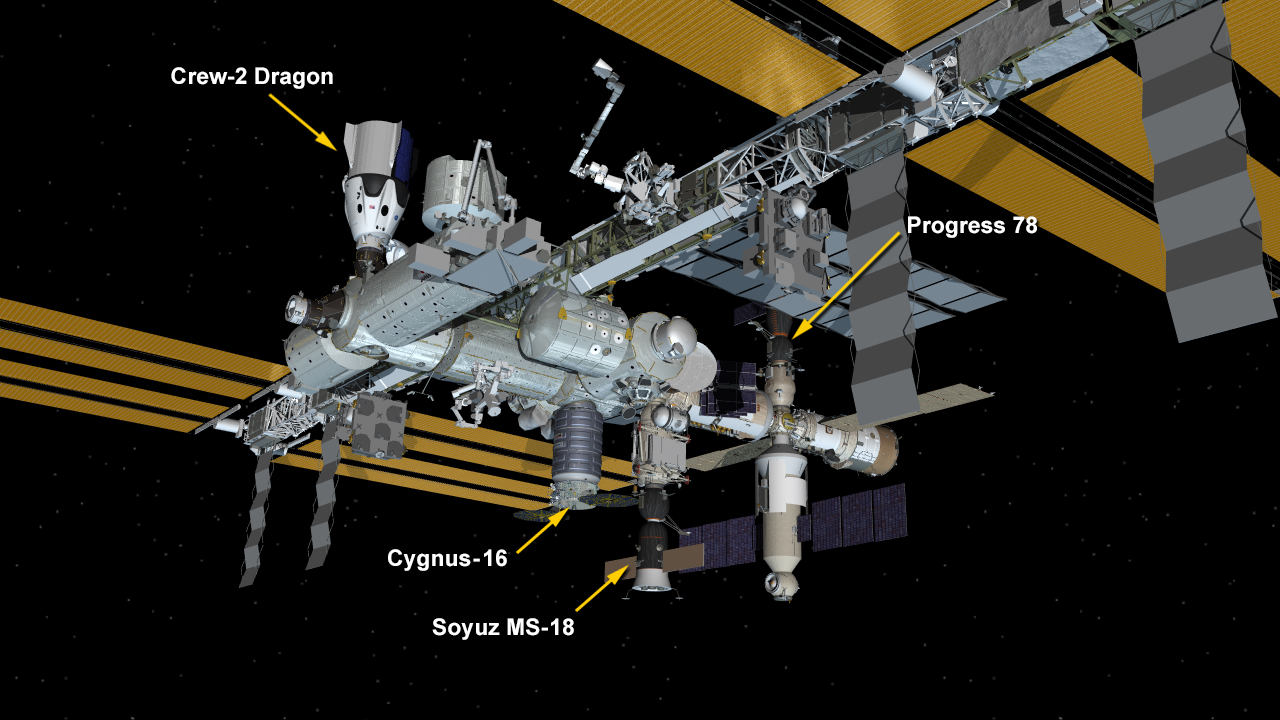 Aug. 12, 2021: International Space Station Configuration. Four spaceships are parked at the space station including Northrop Grumman's Cygnus space freighter, the SpaceX Crew Dragon and Russia's Soyuz MS-18 crew ship and ISS Progress 78 resupply ship.