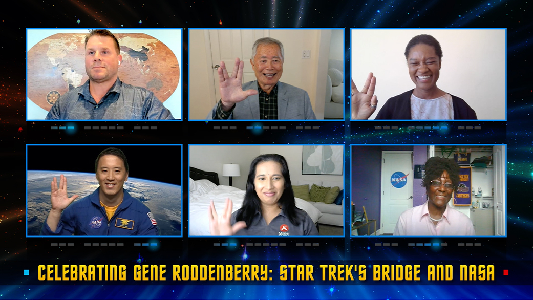 Rod Roddenberry, George Takei, Tracy Drain, Jonny Kim, bottom left, Swati Mohan, and Hortense Diggs participate in a panel discussion as part of the program Celebrating Gene Roddenberry: Star Trek's Bridge and NASA.