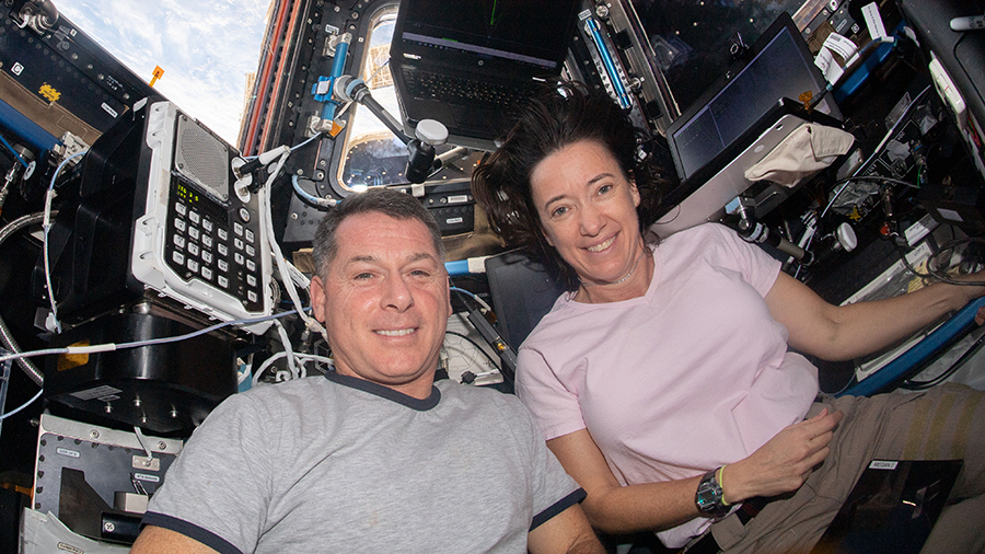 NASA astronauts Shane Kimbrough and Megan McArthur are pictured inside the cupola during the approach and rendezvous of the SpaceX Cargo Dragon on June 5, 2021.