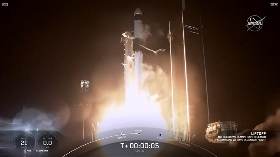 The SpaceX Falcon 9 rocket launches the Cargo Dragon spacecraft toward the International Space Station.