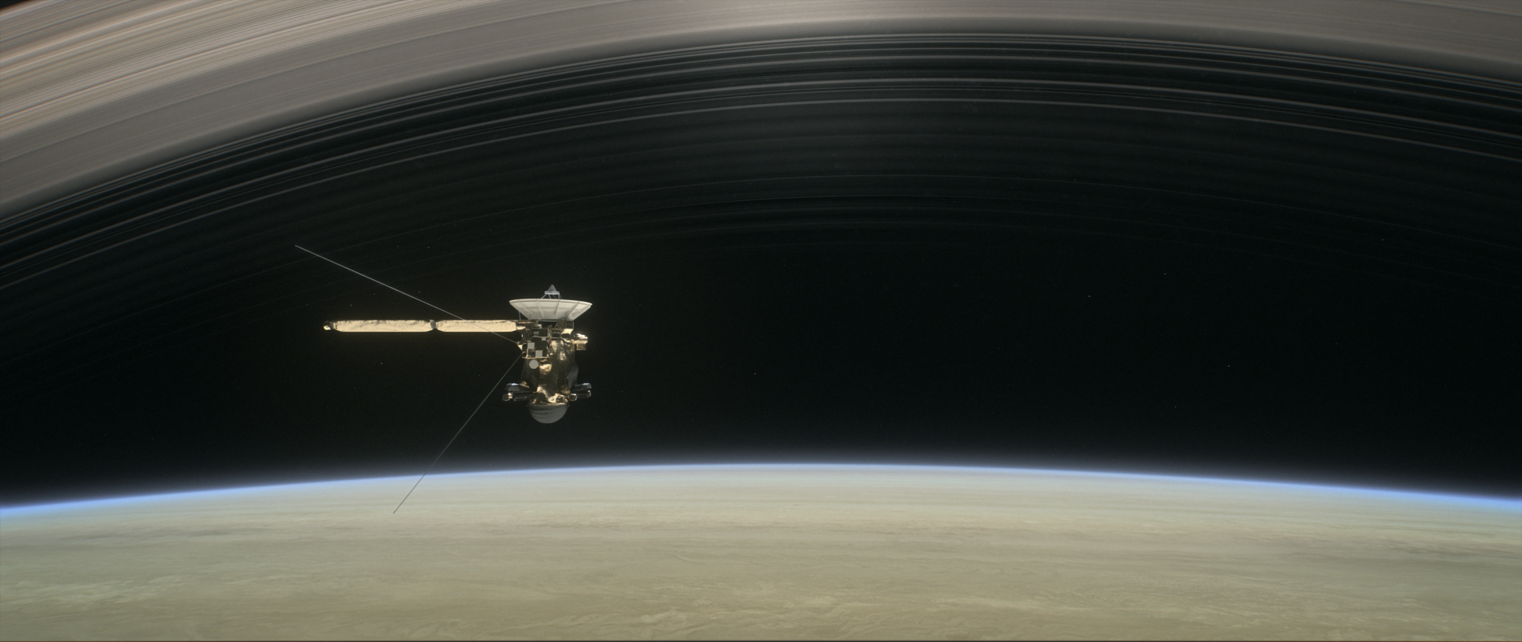 Artist's concept of the Cassini spacecraft diving between Saturn and its innermost ring. Cassini's mission ended by plunging into Saturn in 2017.
