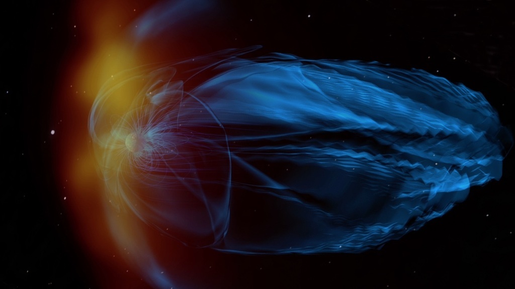 An illustration shows Earth on the left surrounded by an elongated magnetosphere in blue, extending toward the right. A yellow cloud impacts the magnetosphere on the short side of the magnetosphere on the left.