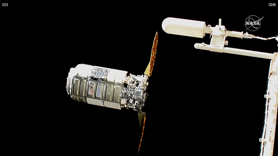 The Cygnus space freighter approaches the space station following a day-and-a-half trip that began with a launch from Virginia.
