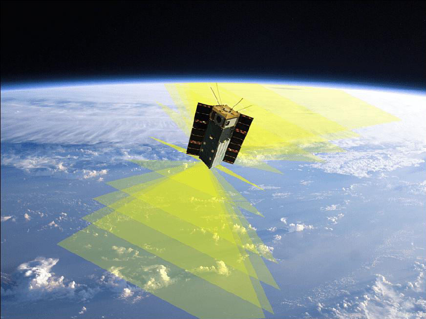 satellite orbiting Earth with fields of view visualized in yellow