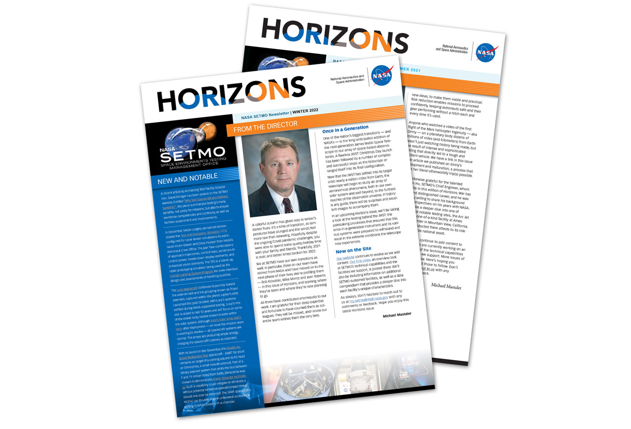 Graphic showing two issues of Horizons newsletter