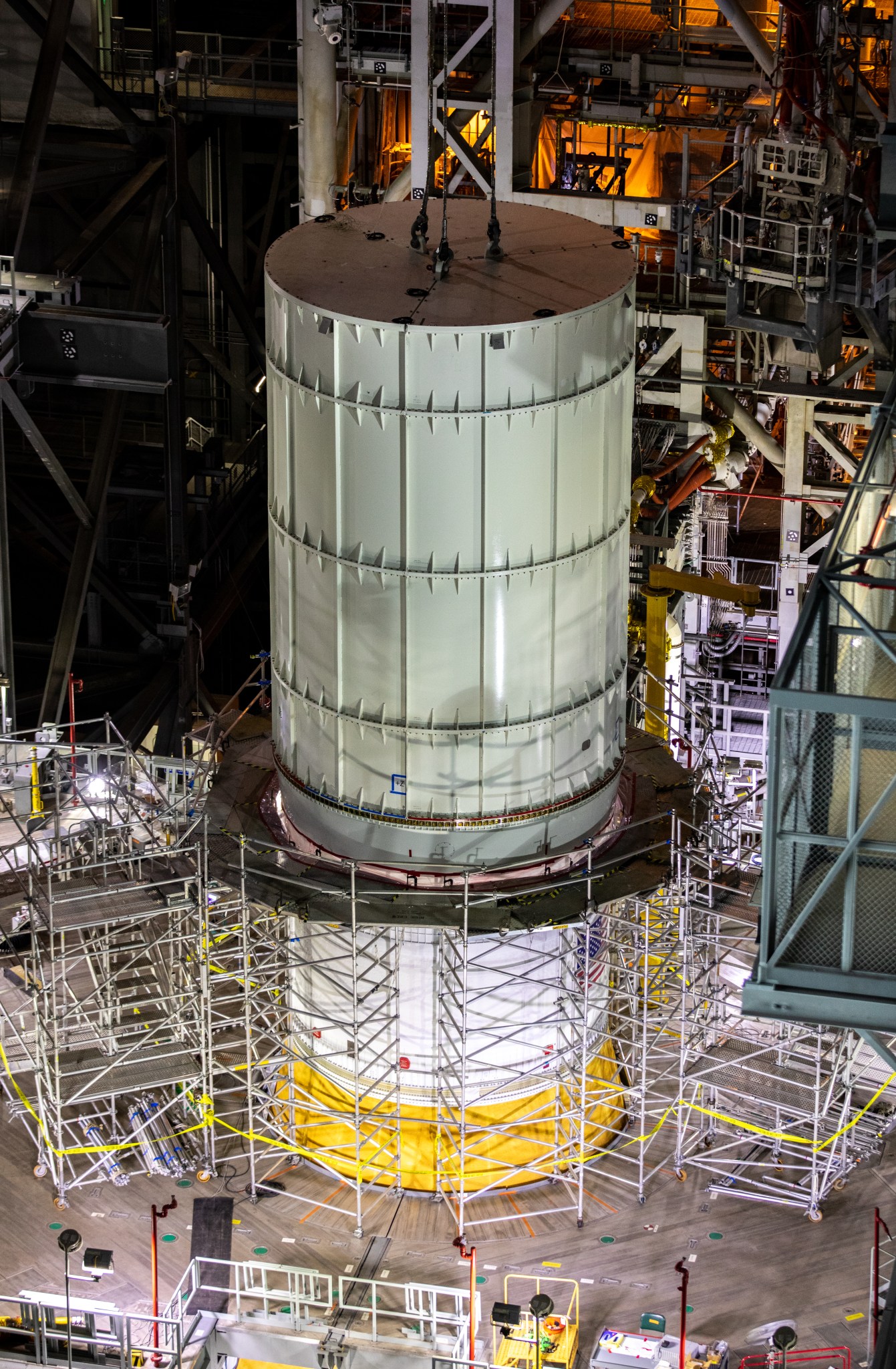 Modal testing is underway in High Bay 3 inside the Vehicle Assembly Building at NASA’s Kennedy Space Center.