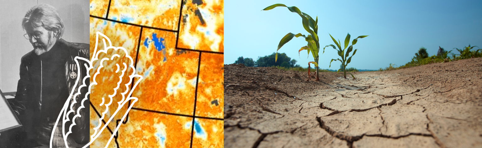 A collage with three photos. The first is a black and white photo of Dr. Forrest Hall, a bearded man with glasses, holding a framed document and wearing a leather jacket with a medal pinned to the front. The second is a map of the U.S. state of Utah, in shades of yellow and orange. The third is a photo of corn plants growing out of cracked, parched gray-brown dirt, shot with the camera near the ground. A white outline of an ear of corn overlays the first two images.