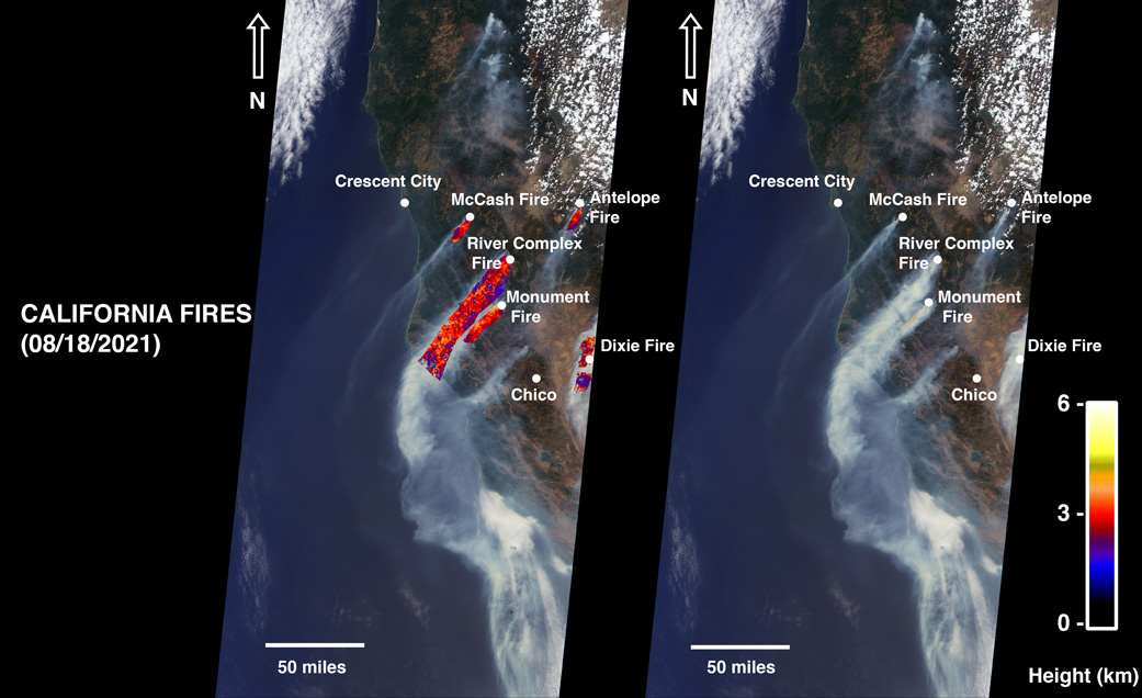 NASA’s MISR instrument captured smoke plumes from five fires burning in northern California