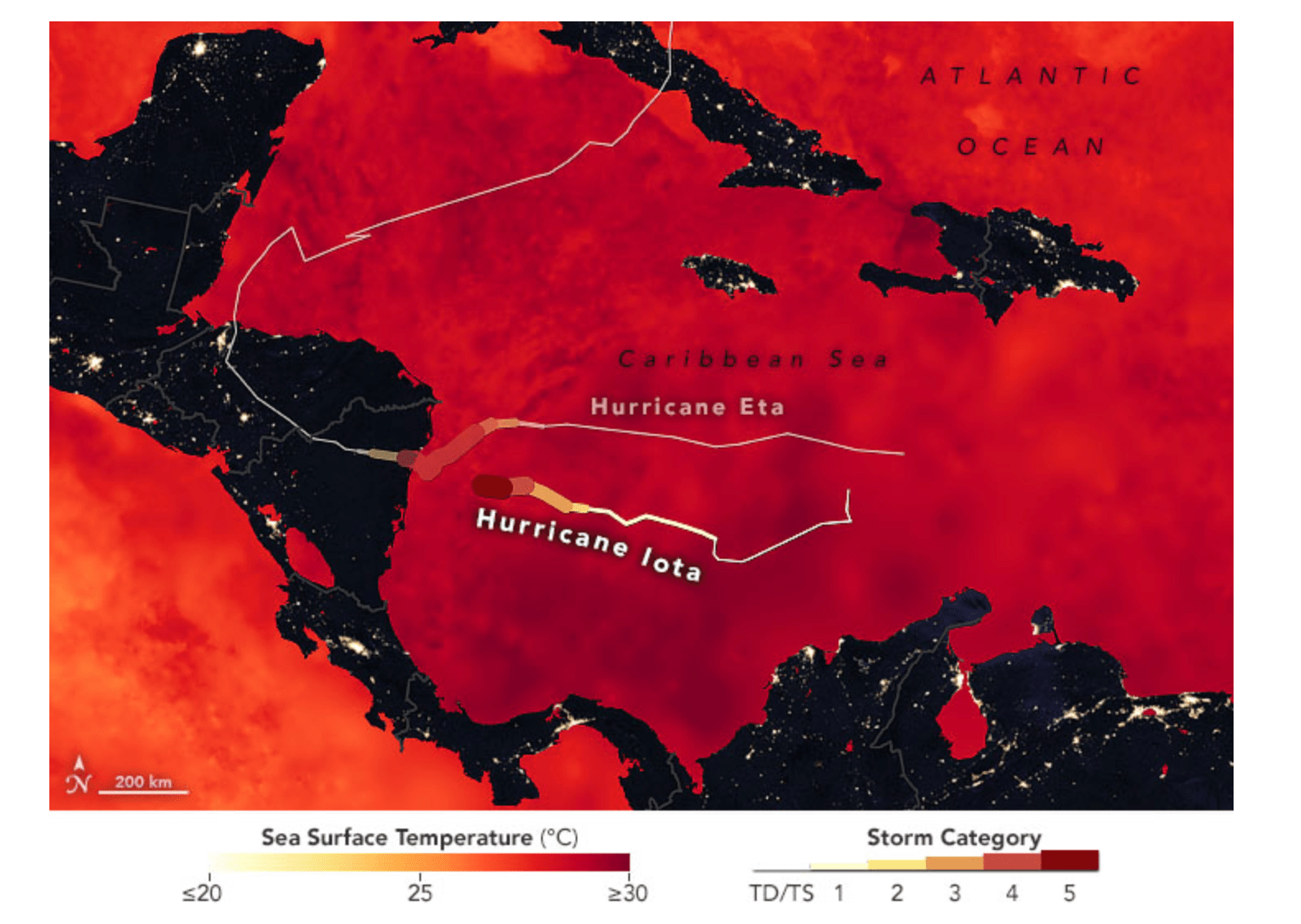 A map showing the tracks of Hurricanes Eta and Iota, both passing through the Caribbean Sea toward Central America. Sea surface temperature is mapped in oranges and reds, but the entire region is dark red, indicating high temperatures.
