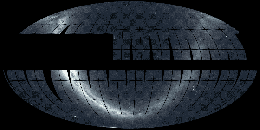 This plot dissolves between an all-sky view of the sky from TESS and a color-coded map showing the masses of more than 150,000 red giant stars.