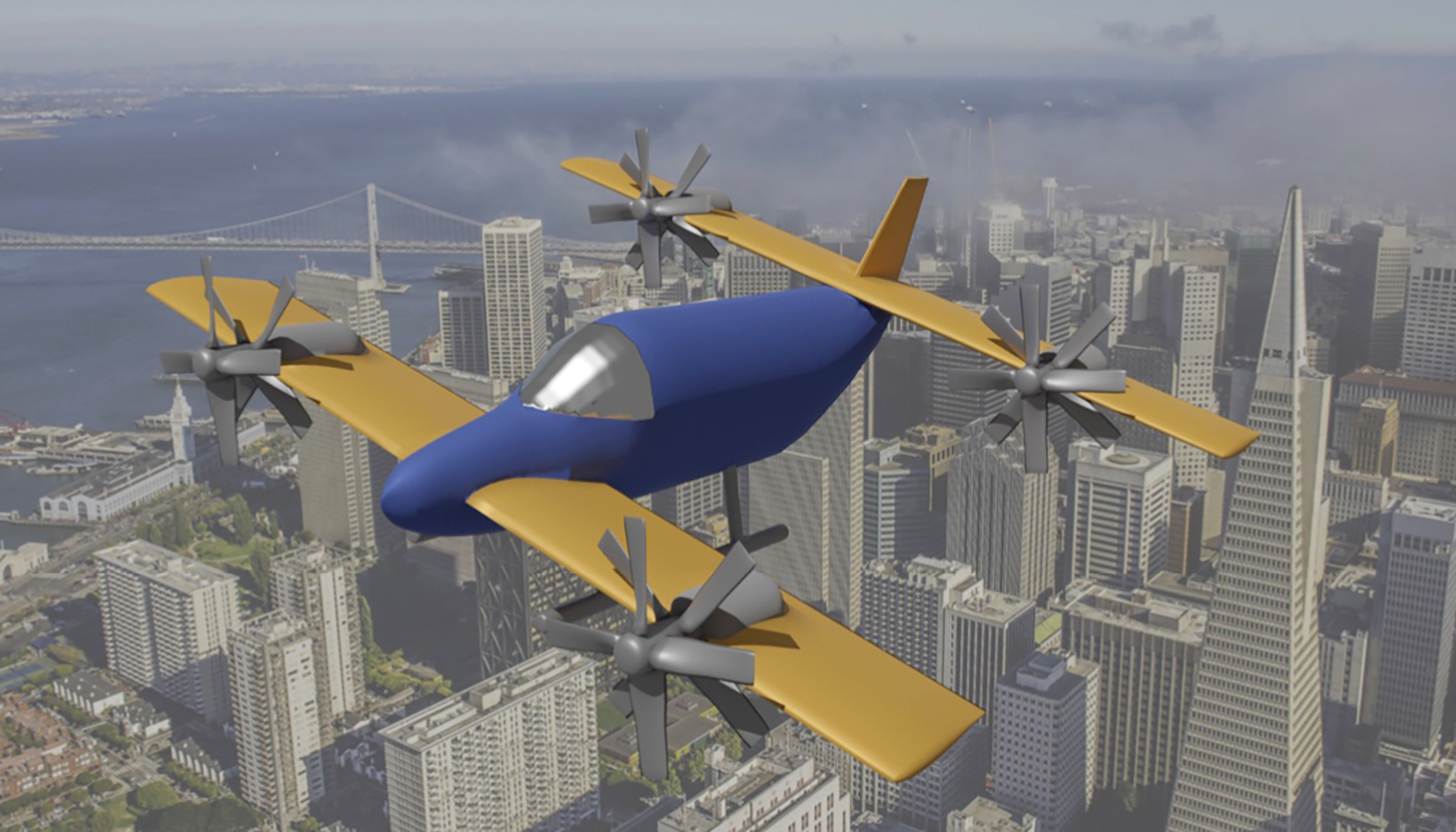 Electric Transport 1, a blue and yellow aircraft in flight over San Francisco.