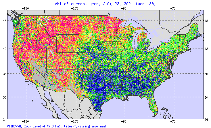 A map of the United States showing a crop health index for July 22, 2021. The southeastern portion of the country is covered in a swath of deep blue and green, indicating areas of lush, healthy growth. The Western half of the U.S and north-central states are bright red and orange, indicating areas that are parched and sparse.