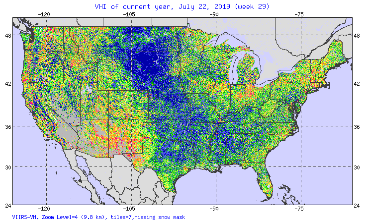 A map of the United States showing a crop health index from July 22, 2019. The center of the U.S. is covered in a swath of deep blue, indicating lush, healthy growth; most of the rest of the country is in shades of green, with scattered red and yellow patches in the Midwest and Southwest indicating areas that are dry and sparse.