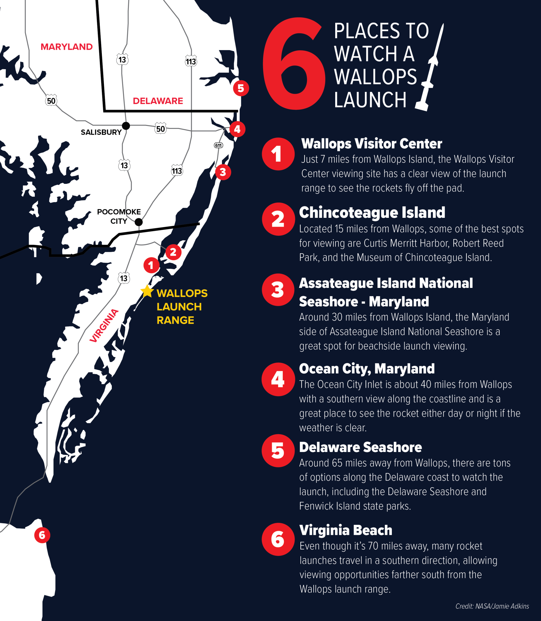 Infographic map of Delmarva listing six locations along the Atlantic coast to see a rocket that launches from Wallops Island, Virginia.