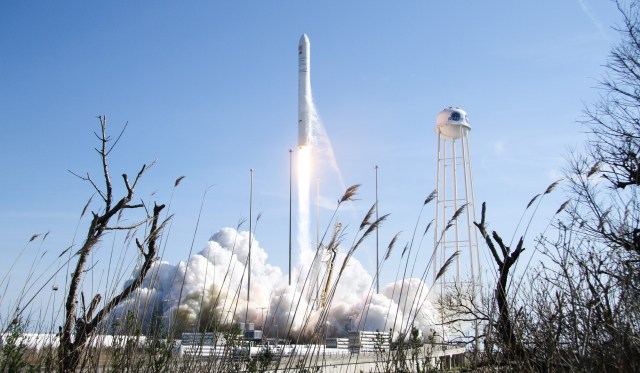 The Antares rocket launches from Pad 0A with a plume of white smoke underneath, with a large water tower to the right. Marsh grass is seen in the foreground.