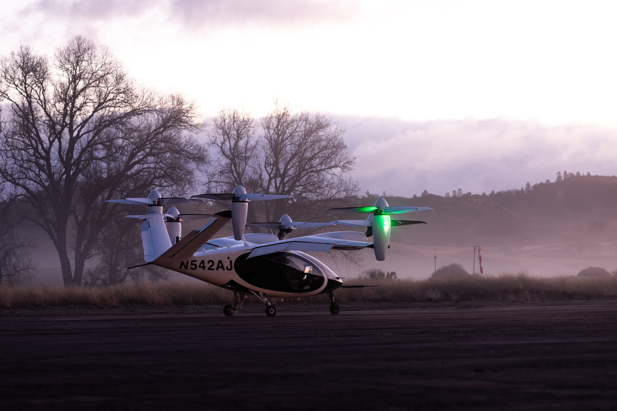 Joby’s all-electric vertical takeoff and landing (eVTOL) aircraft, pictured at Joby's Electric Flight Base 