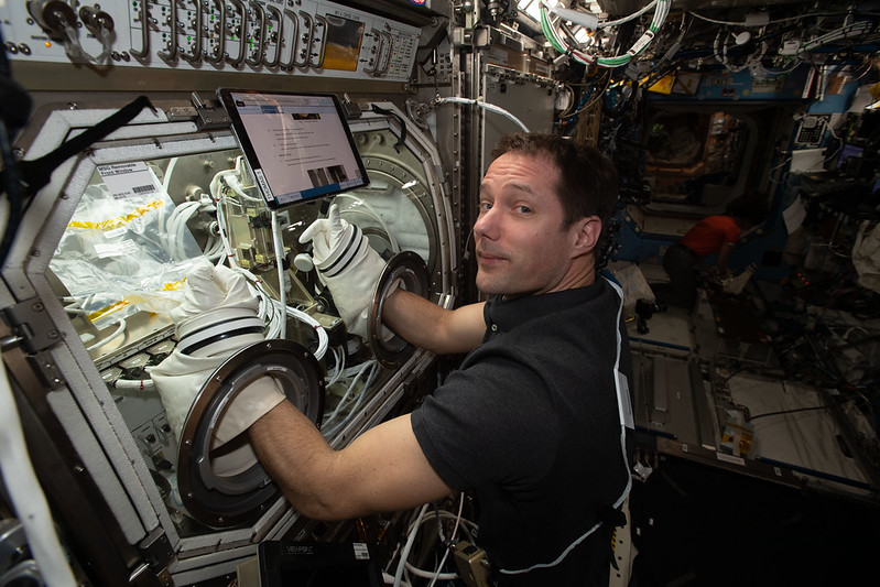 Astronaut Thomas Pesquet of the European Space Agency works on the ring-sheared drop experiment.