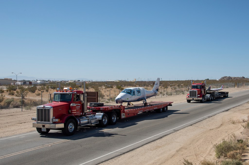 NASA?s all-electric X-57 Maxwell, in its Mod II configuration, arrives at AFRC.