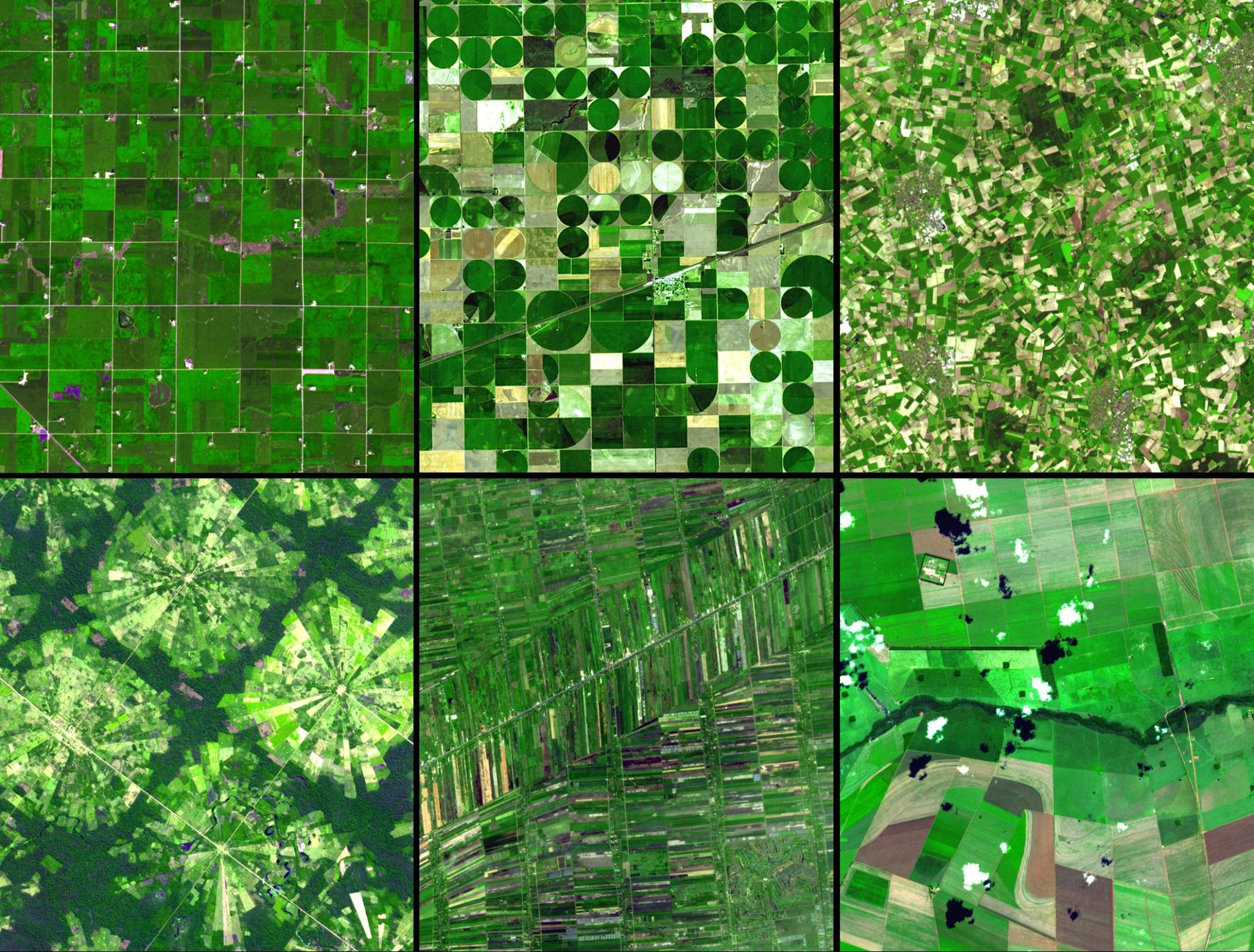 Panel of six satellite images of crops fields from around the world that show the different field layouts. Each one has geometric shapes made of green and brown fields.