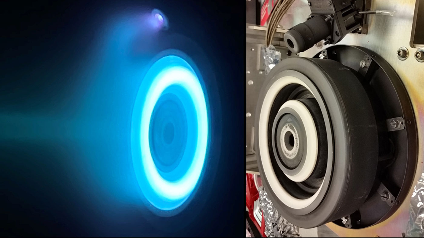 At left, xenon plasma emits a blue glow from an electric Hall thruster