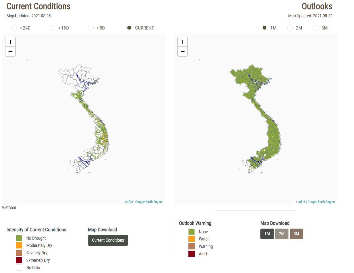 NASA SERVIR’s drought and crop watch tool allows users to choose a region and see current drought conditions and future outlooks. The image shows conditions in Vietnam on Aug. 5, 2021(left) and a one month forecast starting on Aug. 12, 2021 (right).