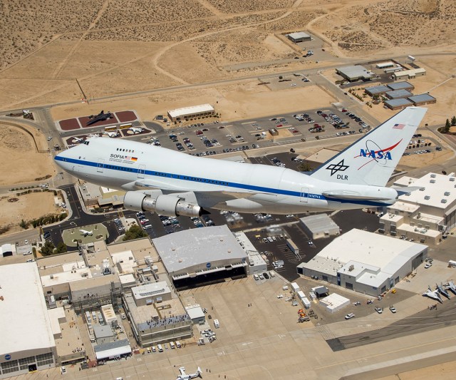 The Stratospheric Observatory for Infrared Astronomy (SOFIA) makes a low pass over NASA?s Armstrong Flight Research Center in celebration of its arrival.