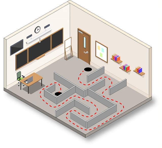 Illustration of a maze setup in a classroom