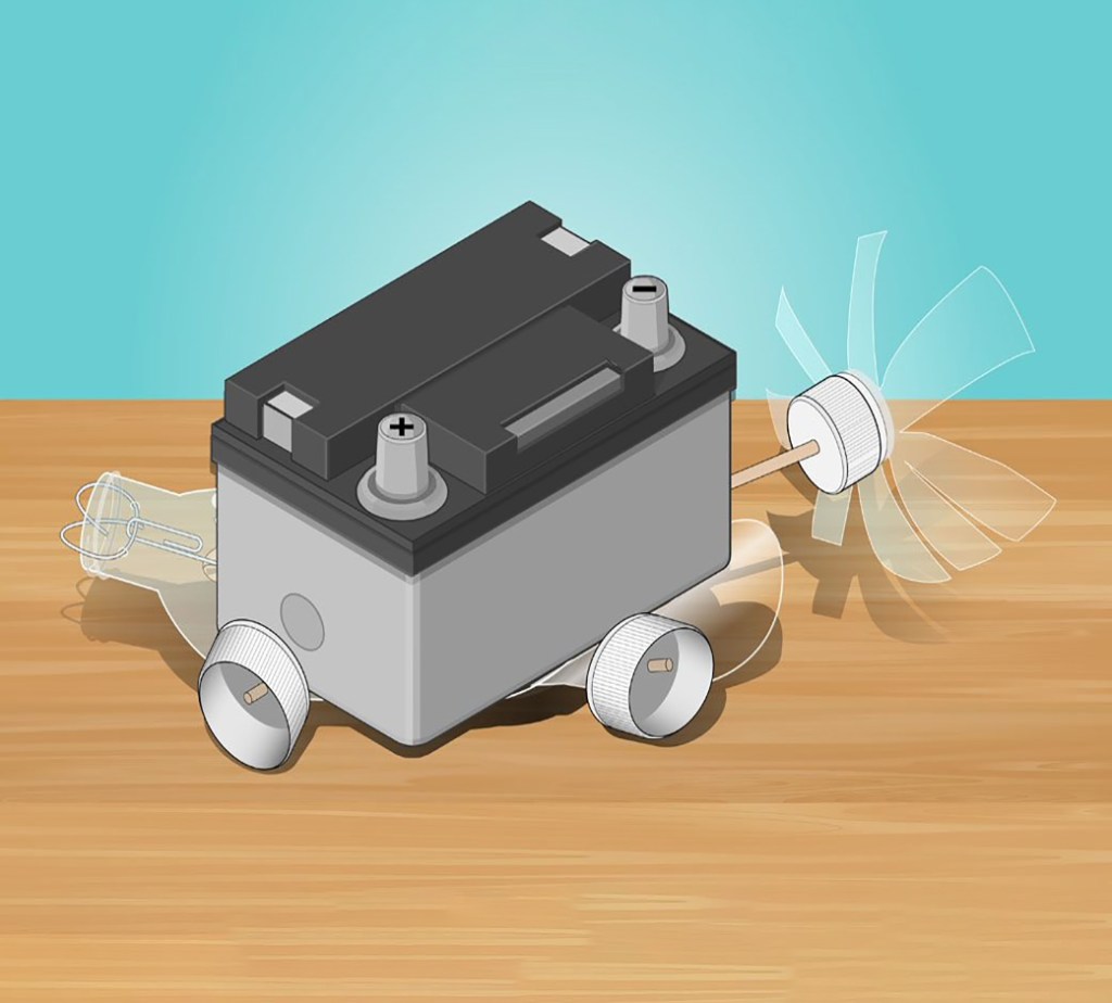 Illustration of oversized battery crushing a water bottle propeller car