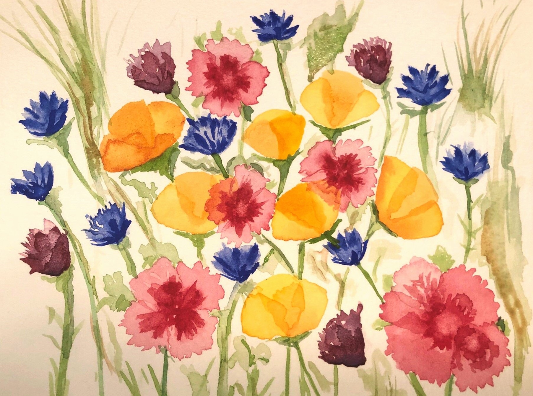 Jennifer Neptune's painting of pink, yellow, purple, orange, and blue flowers with green stems against a natural color background. 