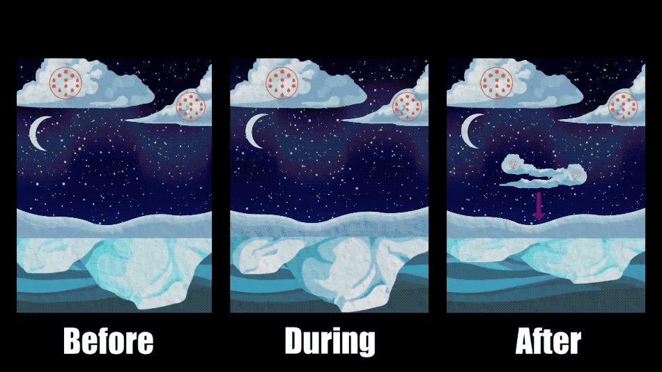 A simplified visualization showing cloud responses before, during, and after the opening of a large hole surrounded by sea ice known as a polynya. 