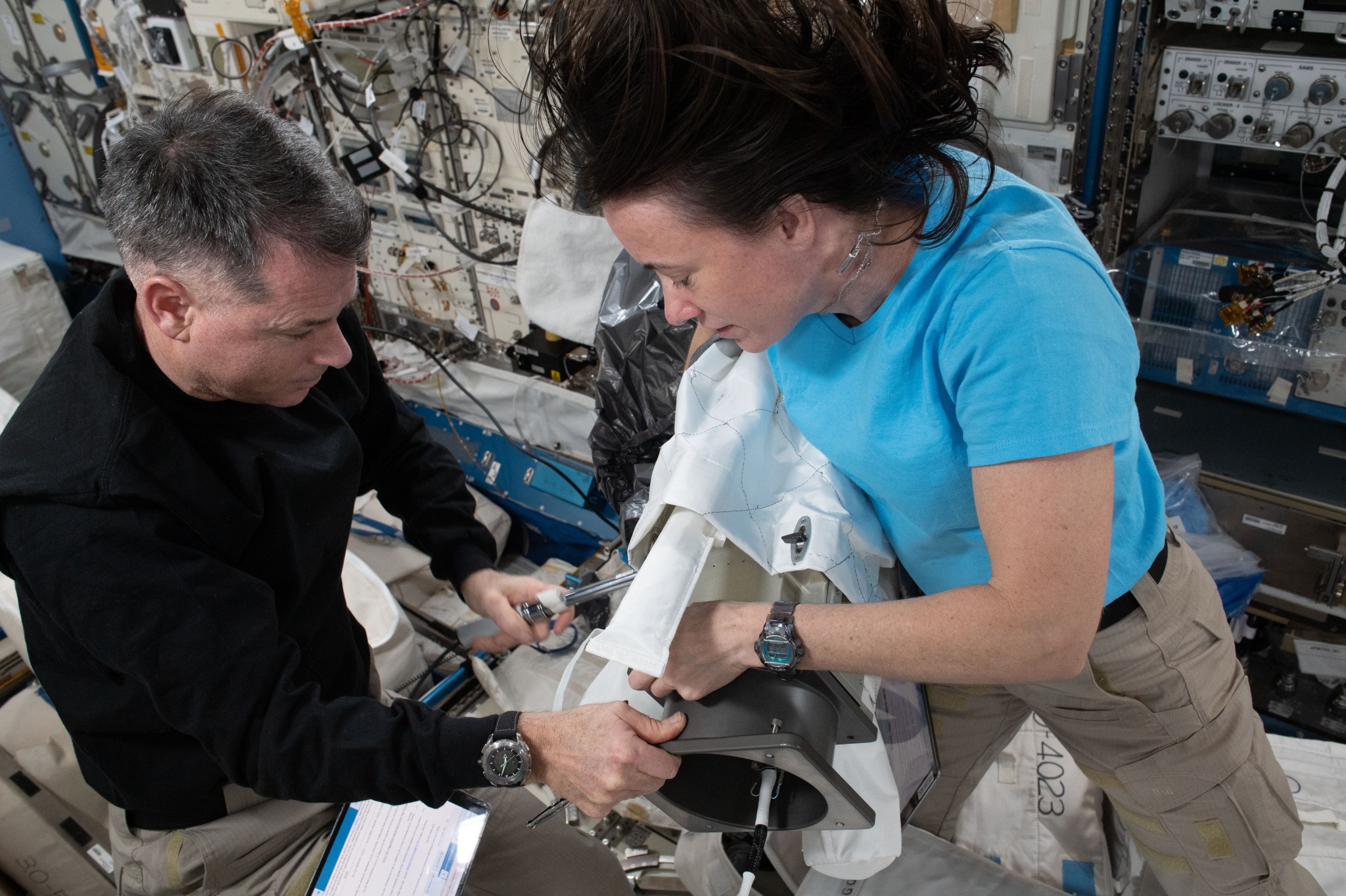 NASA astronauts and Expedition 65 Flight Engineers Shane Kimbrough and Megan McArthur aboard the International Space Station