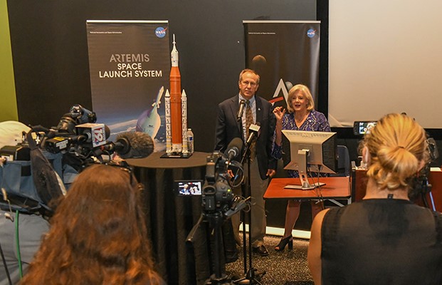 David Beaman, left, and Marshall Director Jody Singer address the media during an Artemis I press event Sept. 8.