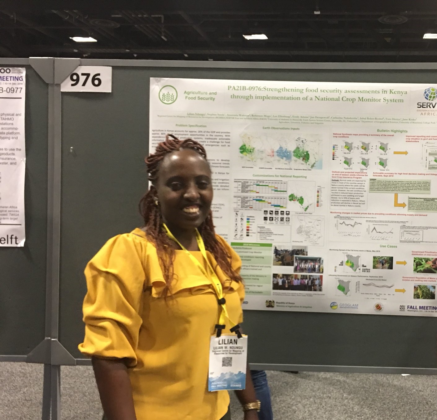 Lilian Ndungu, Agriculture and Food Security Lead for SERVIR’s Eastern and Southern Africa hub, attends the 2018 AGU meeting poster session to discuss food security. 