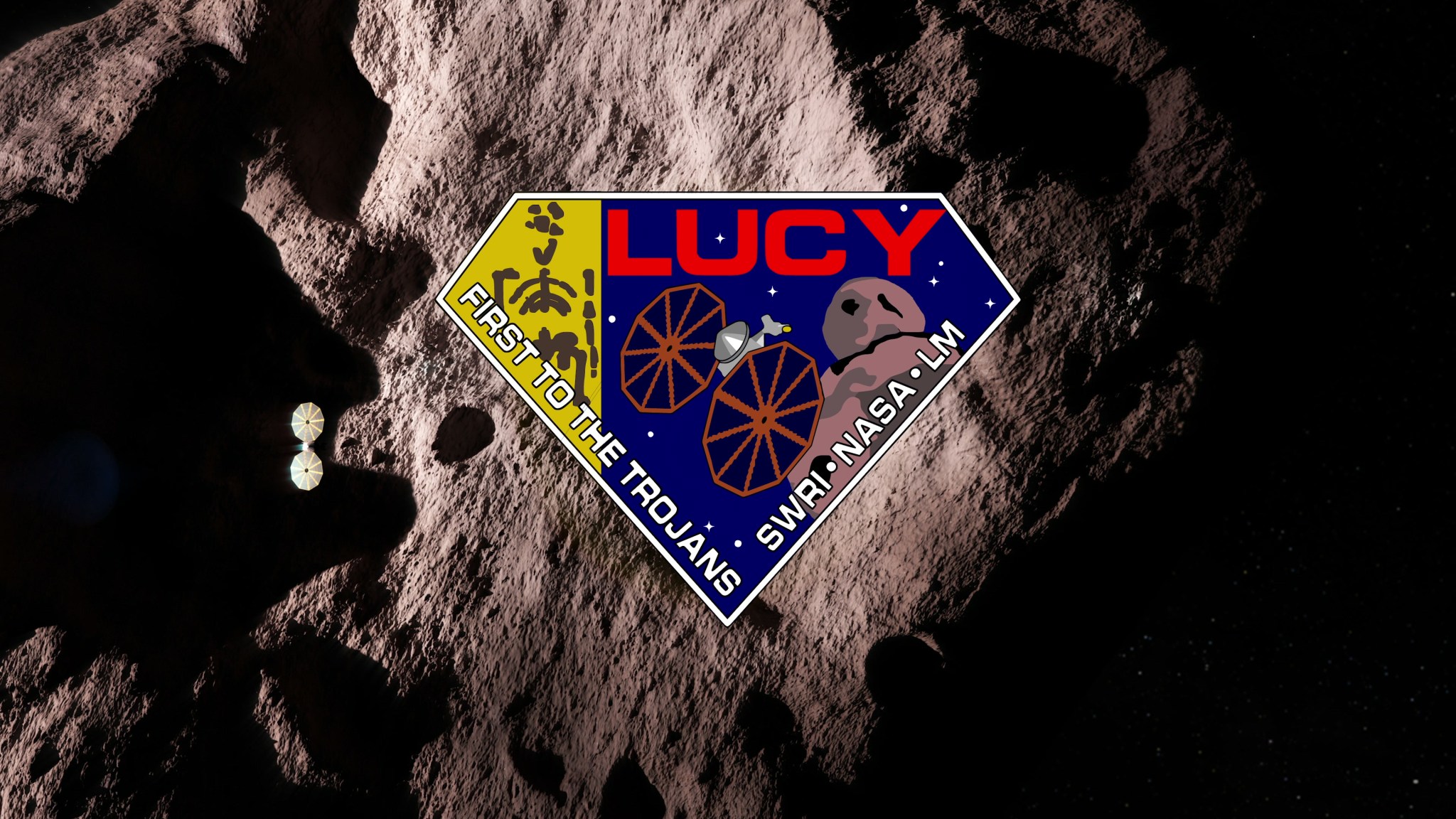 Lucy mission logo, with an asteroid in the background