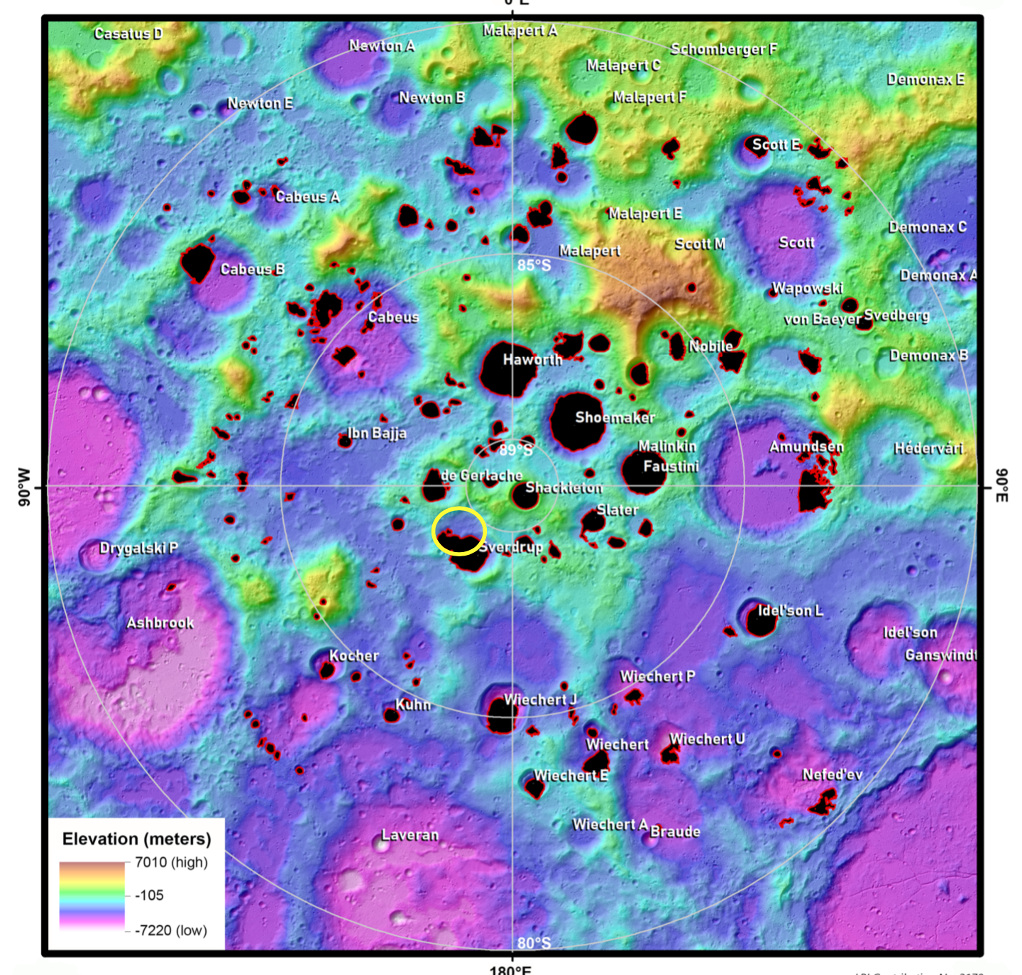 Map of the Moon's south pole, colorized with purple, green, and yellow hues indicating elevation. Labels for different craters are included.