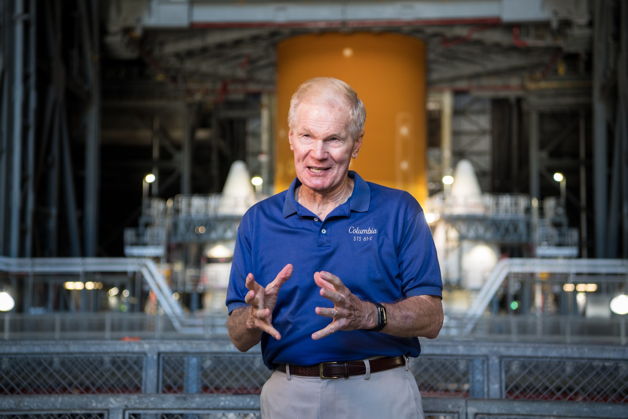 NASA Administrator Bill Nelson is interviewed during a tour of the Vehicle Assembly Building Wednesday, July 28, 2021, at NASA’s Kennedy Space Center in Florida.