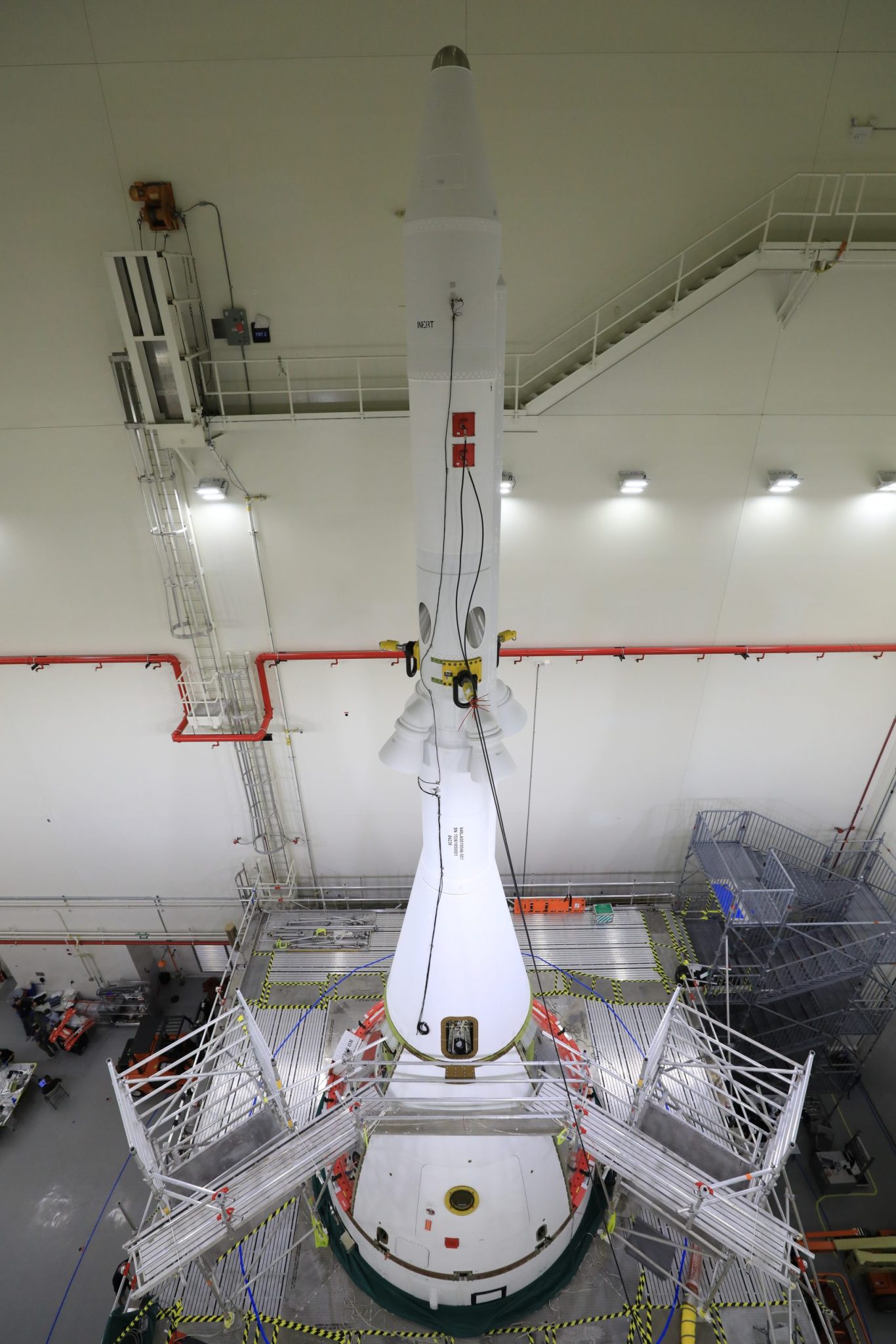 The four ogive fairings on the Orion spacecraft for the Artemis I mission are installed on the launch abort system assembly.