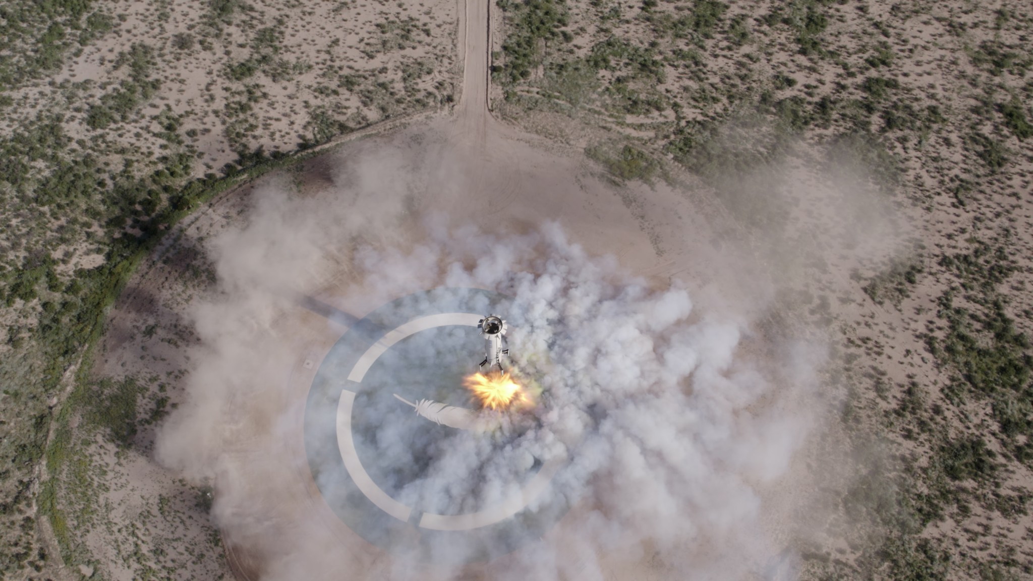 Blue Origin’s New Shepard rocket lands on the pad in West Texas on Aug. 26, 2021.