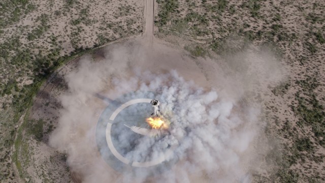 Blue Origin’s New Shepard rocket lands on the pad in West Texas on Aug. 26, 2021.