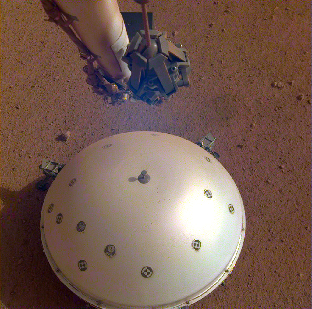 InSight’s domed Wind and Thermal Shield covers the lander’s seismometer